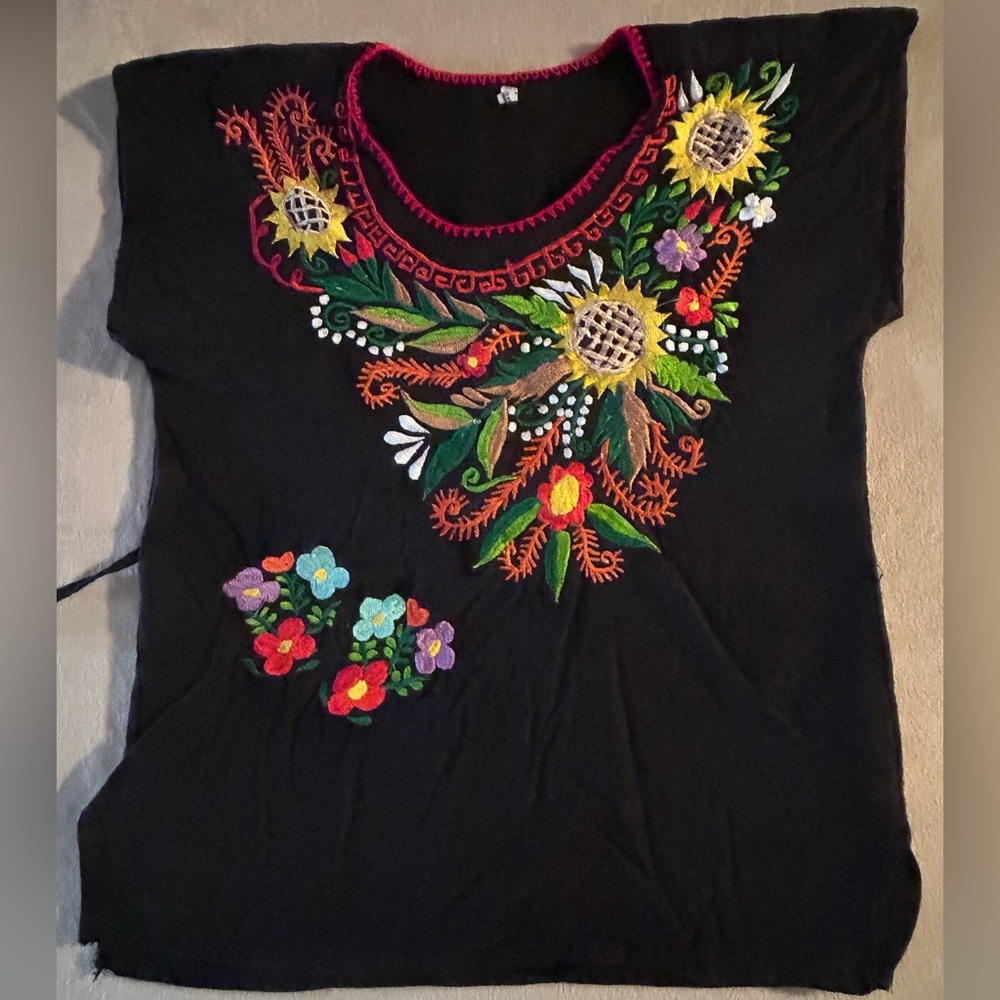 Mexican Embroidered Flower Top Blouse Colorful No Size See Measurements